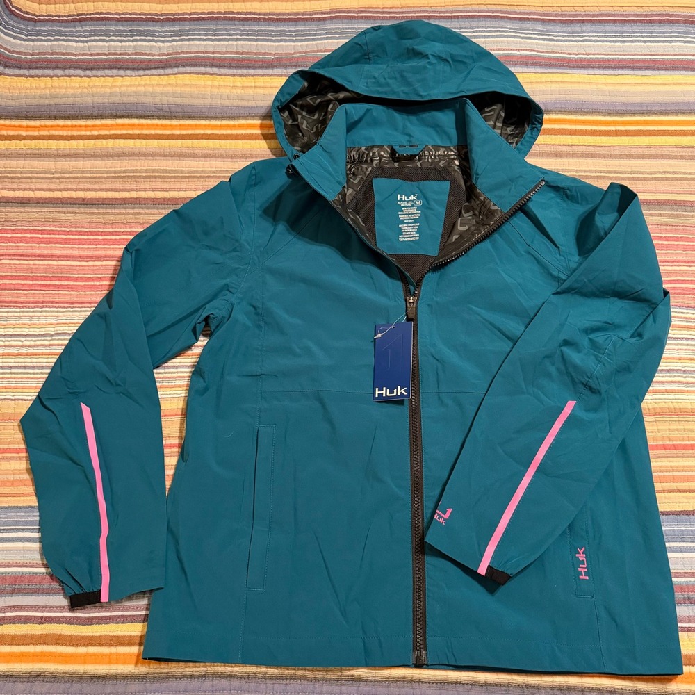 Huk Pursuit Jacket Womens Medium Teal Blue Pink Hooded Full Zip H6400013 NEW